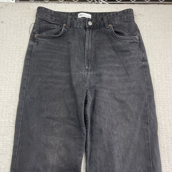 Y2K Zara Wide Leg Baggy Jeans Wom Size 8 Dark Wash Off-black High Rise Cut-Off - Picture 2 of 11